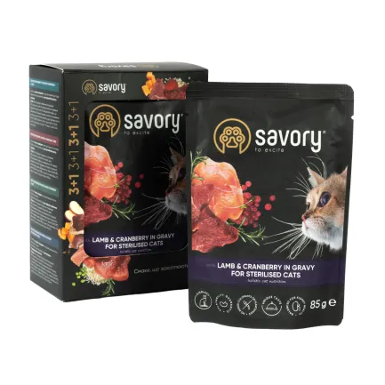 Набір вологих кормів Savory "3+1" для стерилізованих котів, ягня з журавлиною у соусі, паучі, 4 шт 85 г