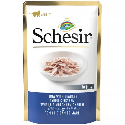 Schesir Tuna with Seabass ШЕЗІР ТУНЕЦЬ З МОРСЬКИМ ОКУНЕМ в желе натуральні консерви для котів, вологий корм, пауч 85г 0,085 кг — Фото 1