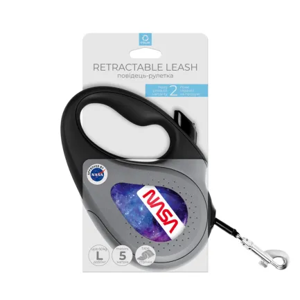 Повідець-рулетка для собак WAUDOG R-leash, малюнок "NASA21", L, до 50 кг, 5 м, світловідбиваюча стрічка чорний — Фото 1