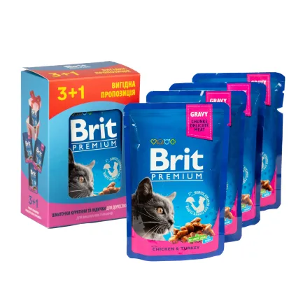 Набір паучів "3+1" для котів Brit Premium Cat pouch Chicken &amp; Turkey з куркою та індичкою, 4х100г — Фото 5
