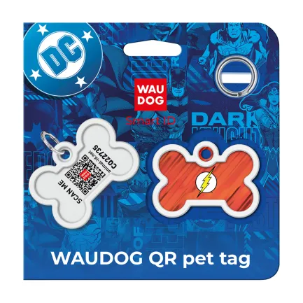 Адресник для собак і котів металевий WAUDOG Smart ID з QR паспортом, малюнок "Флеш лого", кістка, Д 40 мм, Ш 28 мм — Фото 4