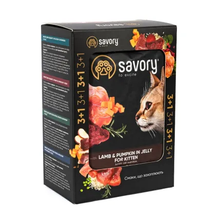 Набір паучів Savory Kitten "3+1" для кошенят, ягня з гарбузом у желе, 85 г