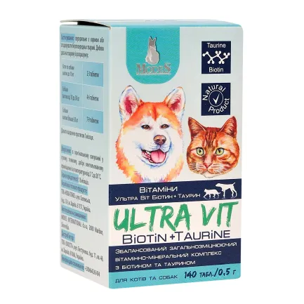 Ультра Віт Біовіт та Таурін (Ultra Vit Biotin + Taurine) вітамінно-мінеральні комплекси для собак та котів 140шт*0,5г, MODES