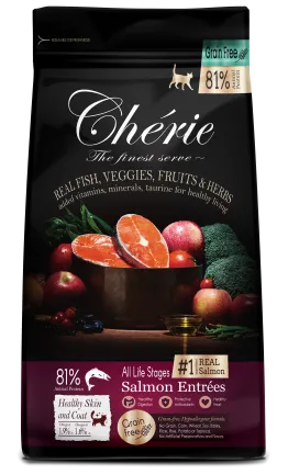 Cherie Dry Food Healthy Skin and Coat - Salmon Entrеes, Повнораціонний беззерновий сухий корм для всіх стадій життя котів з лососем. Підтримка здоров'я шкіри та шерсті. 400 г