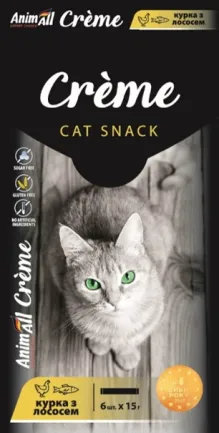 Ласощі AnimAll Сrème для котів зі смаком курки з лососем, 6х15 г