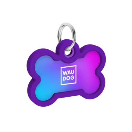 Адресник для собак і котів металевий WAUDOG Smart ID з QR паспортом, малюнок "Градієнт фіолетовий", кістка, Д 40 мм, Ш 28 мм — Фото 2