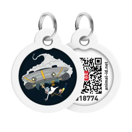 Адресник для собак і котів металевий WAUDOG Smart ID з QR паспортом, малюнок "Рік та Морті 1", коло, Д 30 мм
