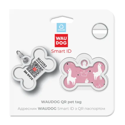 Адресник для собак і котів металевий WAUDOG Smart ID з QR паспортом, малюнок "Лами", кістка, Д 40 мм, Ш 28 мм — Фото 4