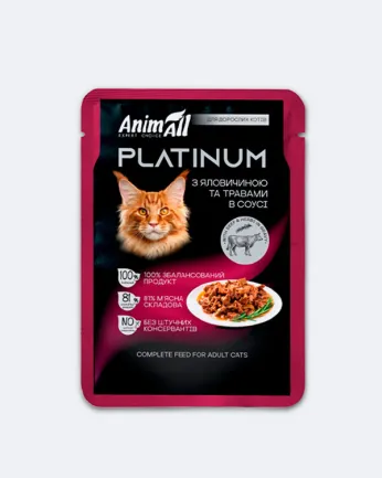 Вологий корм AnimAll Platinum для дорослих котів, яловичина та трави в соусі, 85 г