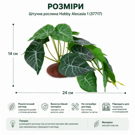 Штучна рослина Hobby Alocasia 1 24 × 14 см (37717) для тераріуму, акватераріуму та палюдаріуму — Фото 1