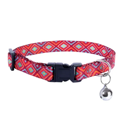 Нашийник для Котів BronzeDog Urban Гуцульський Нейлоновий з Пластиковою Пряжкою та Дзвіночком Червоний XS — Фото 1