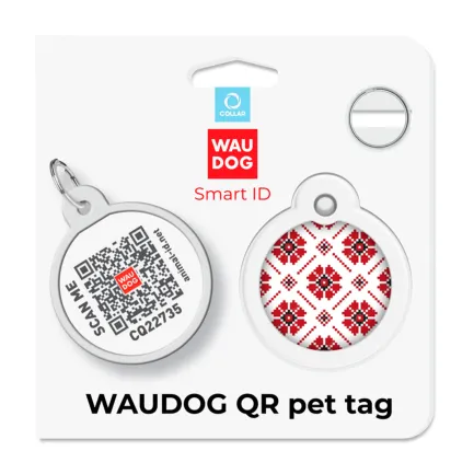 Адресник для собак і котів металевий WAUDOG Smart ID з QR паспортом, малюнок "Вишиванка", коло, Д 30 мм — Фото 3
