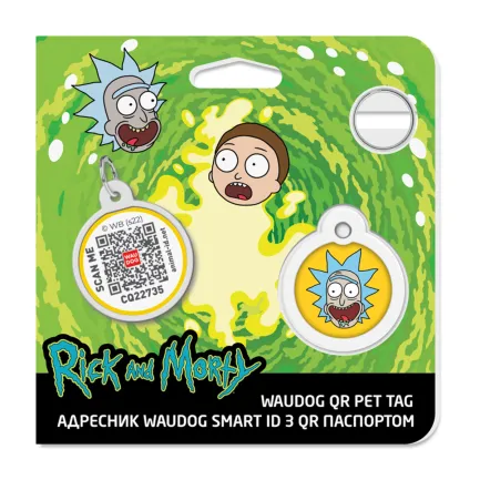 Адресник для собак і котів металевий WAUDOG Smart ID з QR паспортом, малюнок "Рік та Морті 3", коло, Д 25 мм — Фото 3