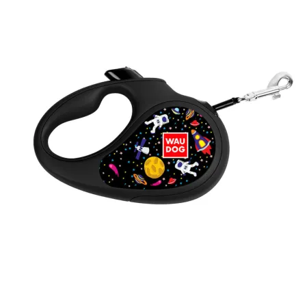 Повідець-рулетка для собак WAUDOG R-leash, малюнок "NASA", L, до 50 кг, 5 м, світловідбиваюча стрічка чорний