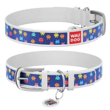 Нашийник WAUDOG Design з малюнком "Пікселі", преміум шкіра, металева пряжка (ширина 15 мм, довжина 27-36 см) білий