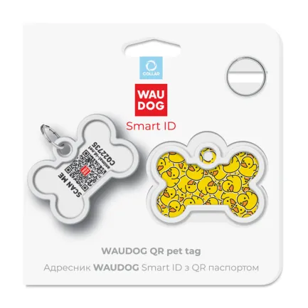 Адресник для собак і котів металевий WAUDOG Smart ID з QR паспортом, малюнок "Качки", кістка, Д 40 мм, Ш 28 мм — Фото 4