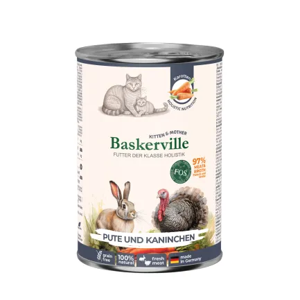 Baskerville ІНДИЧКА ТА КРОЛИК. Повнораціонний вологий корм класу холістик для кішок у період лактації та кошенят, 400 г