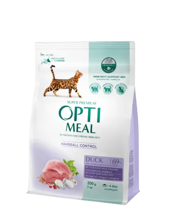 OPTIMEAL™. Повнораціонний сухий корм для дорослих котів з ефектом виведення шерсті - качка, 0,2 кг