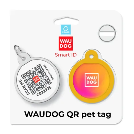 Адресник для собак і котів металевий WAUDOG Smart ID з QR паспортом, малюнок "Градієнт помаранчевий", коло, Д 25 мм — Фото 3