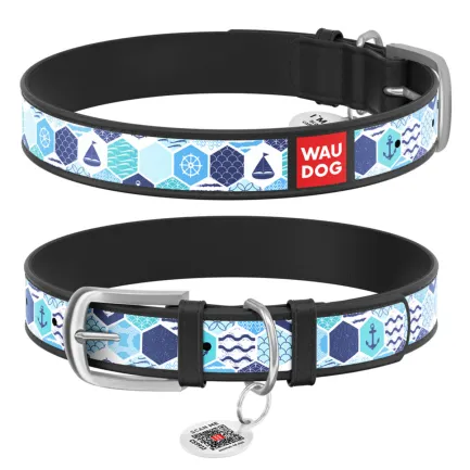 Нашийник WAUDOG Design з малюнком "Морський", преміум шкіра, металева пряжка (ширина 12 мм, довжина 19-25 см) чорний