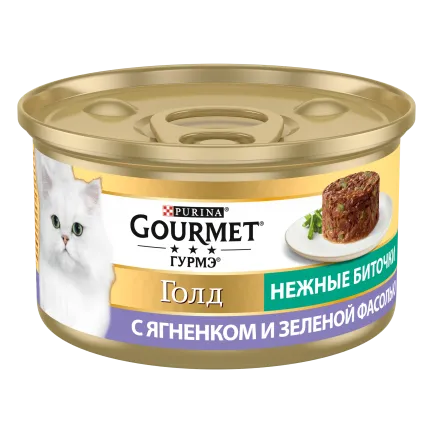 Вологий корм GOURMET Gold "Ніжні биточки" для дорослих котів з ягням та зеленою квасолею 85 г
