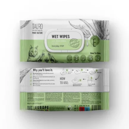 Tauro Pro Line Pure Nature Aloe Vera Вологі серветки для догляду за шерстю, вухами, лапами та носом з екстрактом алое вера, 40 шт — Фото 1