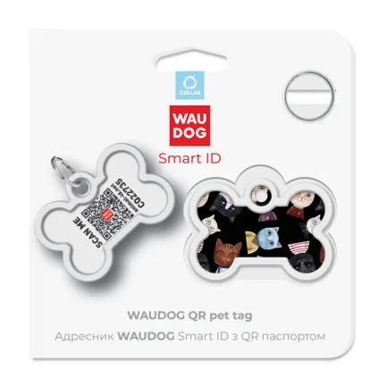 Адресник для собак і котів металевий WAUDOG Smart ID з QR паспортом, малюнок "Коти", кістка, Д 40 мм, Ш 28 мм — Фото 4
