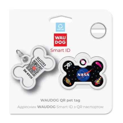 Адресник для собак і котів металевий WAUDOG Smart ID з QR паспортом, малюнок "NASA", кістка, Д 40 мм, Ш 28 мм — Фото 4