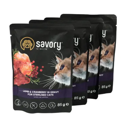 Набір вологих кормів Savory "3+1" для стерилізованих котів, ягня з журавлиною у соусі, паучі, 4 шт 85 г — Фото 3