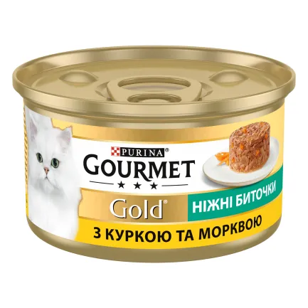 Вологий корм GOURMET Gold "Ніжні биточки" для дорослих котів з куркою та морковою 85 г — Фото 1