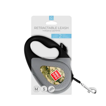 Повідець-рулетка для собак WAUDOG R-leash, малюнок "Мілітарі", M, до 25 кг, 5 м, світловідбиваюча стрічка — Фото 1