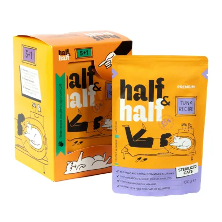 Набір вологих кормів Half&amp;Half "5+1" для стерилізованих котів, шматочки з тунцем у соусі, паучі, 6 шт*100 г