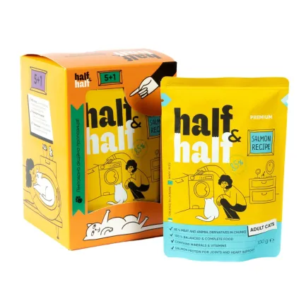 Набір вологих кормів Half&amp;Half "5+1" для дорослих котів, шматочки з лососем у желе, паучі, 6 шт*100 г