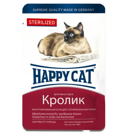 Вологий корм Happy Cat для стерилізованих котів у вигляді шматочків в соусі з кроликом, 0,1 кг, 1004214
