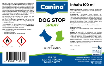 Гігієнічний засіб Canina Dog Stop Spray для собак і котів для заспокоєння спрей при тічці сук 100 мл — Фото 1