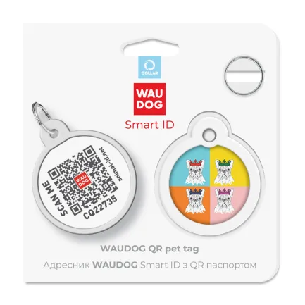 Адресник для собак і котів металевий WAUDOG Smart ID з QR паспортом, малюнок "Французький бульдог", коло, Д 30 мм — Фото 4