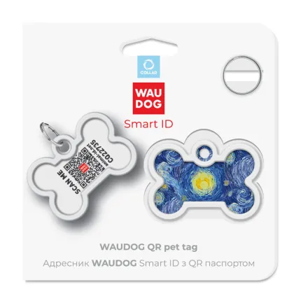 Адресник для собак і котів металевий WAUDOG Smart ID з QR паспортом, малюнок "Водяні лілії", кістка, Д 40 мм, Ш 28 мм — Фото 4