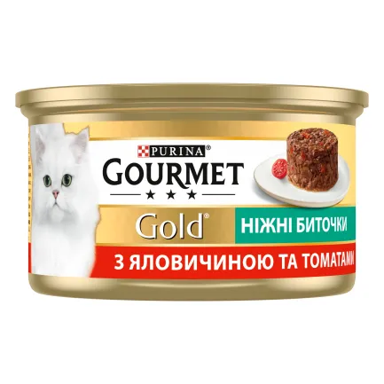 Вологий корм GOURMET Gold "Ніжні биточки" для дорослих котів з яловичиною та томатами 85 г — Фото 2