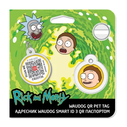 Адресник для собак і котів металевий WAUDOG Smart ID з QR паспортом, малюнок "Рік та Морті 2", коло, Д 25 мм — Фото 3