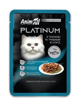 АнімАлл вологий корм PLATINUM Пауч для дорослих котів з Тріскою та Травами в соусі, 85г