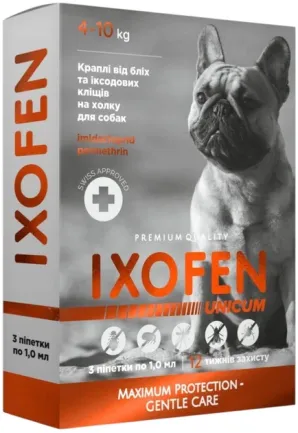 Краплі на холку Unicum Ixofen від бліх, іксодових кліщів та комарів для собак 4-10 кг 3 піпетки х 1 мл