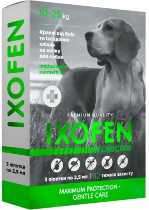 Краплі на холку Unicum Ixofen від бліх, іксодових кліщів та комарів для собак 10-25 кг 3 піпетки х 2.5 мл