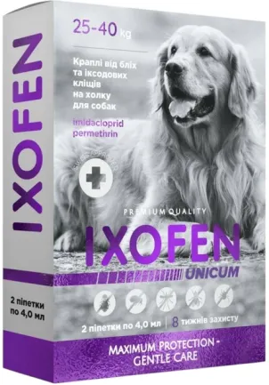 Краплі на холку Unicum Ixofen від бліх, іксодових кліщів та комарів для собак 25-40 кг 2 піпетки х 4 мл