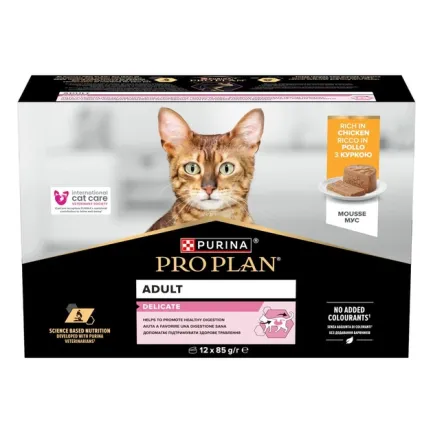 Purina Pro Plan Delicat Вологий корму для котів з чутливим травленням, мус з куркою 12х85 г