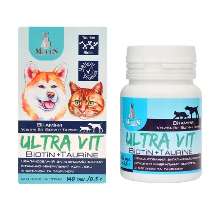 Ультра Віт Біовіт та Таурін (Ultra Vit Biotin + Taurine) вітамінно-мінеральні комплекси для собак та котів 140шт*0,5г, MODES — Фото 1