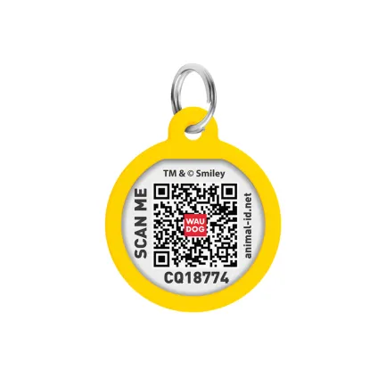 Адресник для собак і котів металевий WAUDOG Smart ID з QR паспортом, малюнок "Смайли на чорному", коло, Д 25 мм — Фото 2
