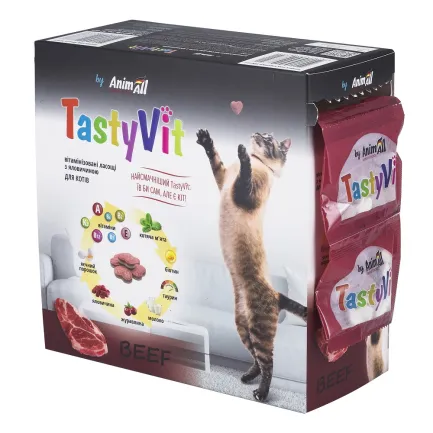 AnimAll TastyVit вітамінізовані ласощі з яловичиною для котів, 600шт (50пак х12шт)