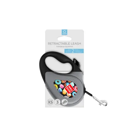 Повідець-рулетка для собак WAUDOG R-leash, малюнок "Пончики", XS, до 12 кг, 3 м, світловідбиваюча стрічка чорний — Фото 3