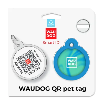Адресник для собак і котів металевий WAUDOG Smart ID з QR паспортом, малюнок "Градієнт блакитний", коло, Д 30 мм — Фото 3