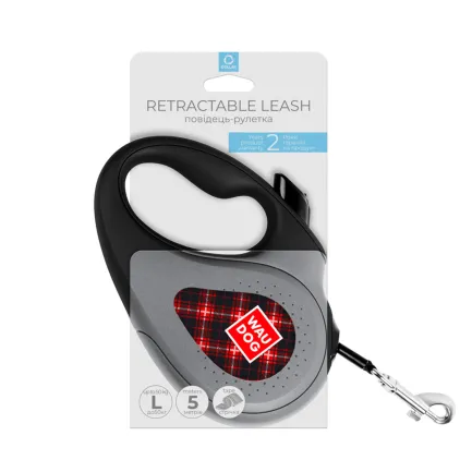 Повідець-рулетка для собак WAUDOG R-leash, малюнок "Шотландка", L, до 50 кг, 5 м, світловідбиваюча стрічка чорний — Фото 3
